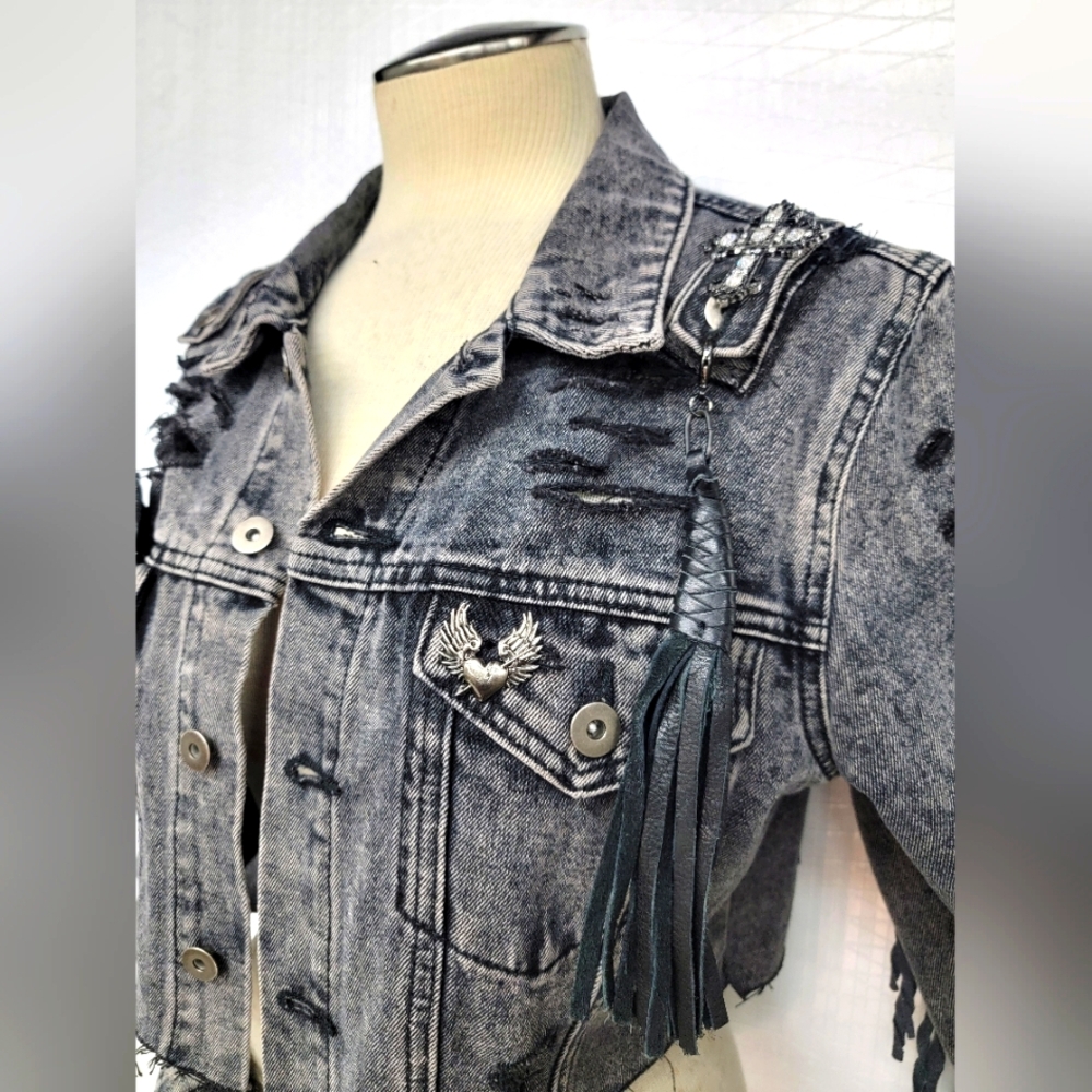 Rock Gothic Jean Jacket With Ed Hardy Eagle Graphics Upcycled Renewed - Picture 3 of 12